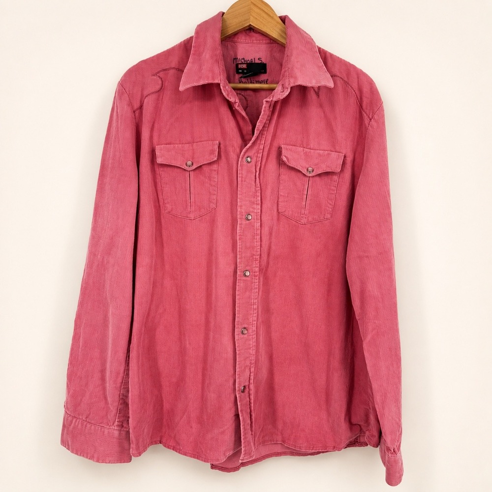 Vintage Diesel Mens XL Shirt Pink Corduroy Western Pearl Snap Rockabilly Indie